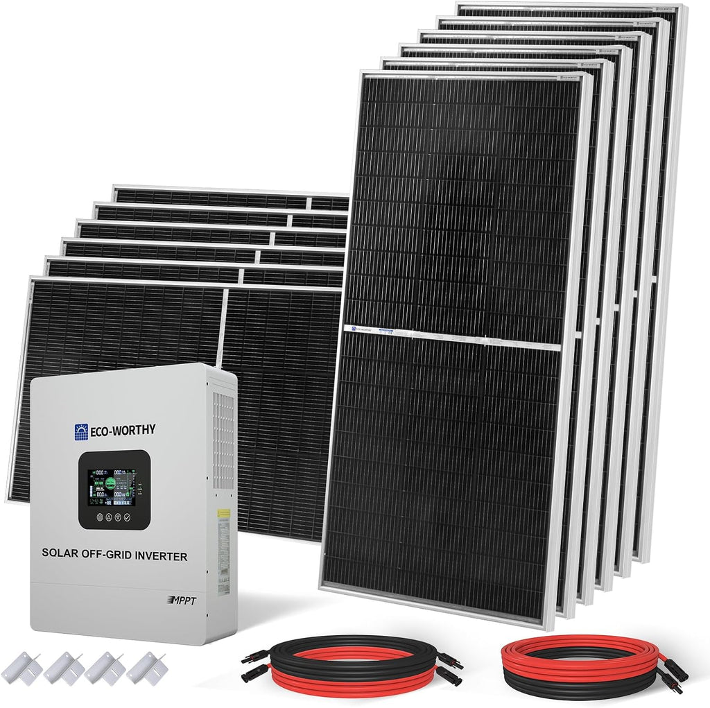 ECO-WORTHY 9.36KWH 2340W 48V Solar Power System Kit Off Grid Solar Panel Kit with 5000W 48V All-in-One Off-Grid Charge Inverter and 12pcs 195W Mono Solar Panel and Z Mounting Brackets.Plug and Play
