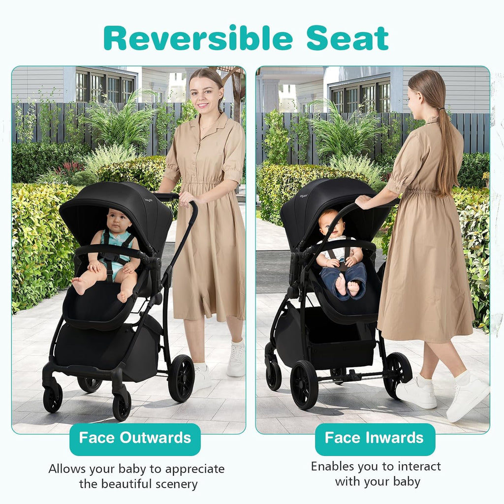 BABY JOY 2 in 1 Baby Stroller, High Landscape Convertible Bassinet Stroller with Reversible Seat, Adjustable Backrest & Canopy, Foldable Pushchair Pram Stroller for Newborn Toddler 0-36 Months (Black)