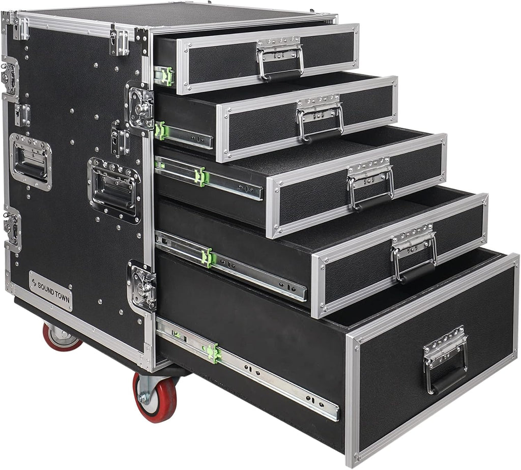 Sound Town Enhanced Thickness 1/2' (12mm) Plywood Road Case with 5-Drawer and Two Tables for Customizable Stage and Studio Utility Equipment Storage, Pro Tour Grade (STRC-PROW2T5D)