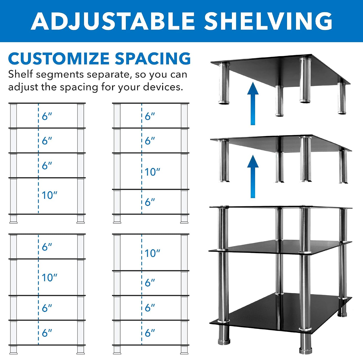 Mount-It! Tempered Glass AV Component Media Stand, Audio Tower and Media Center with 5 Shelves, 220 Lbs Total Capacity, Black Shelves Chrome Legs (MI-8671)