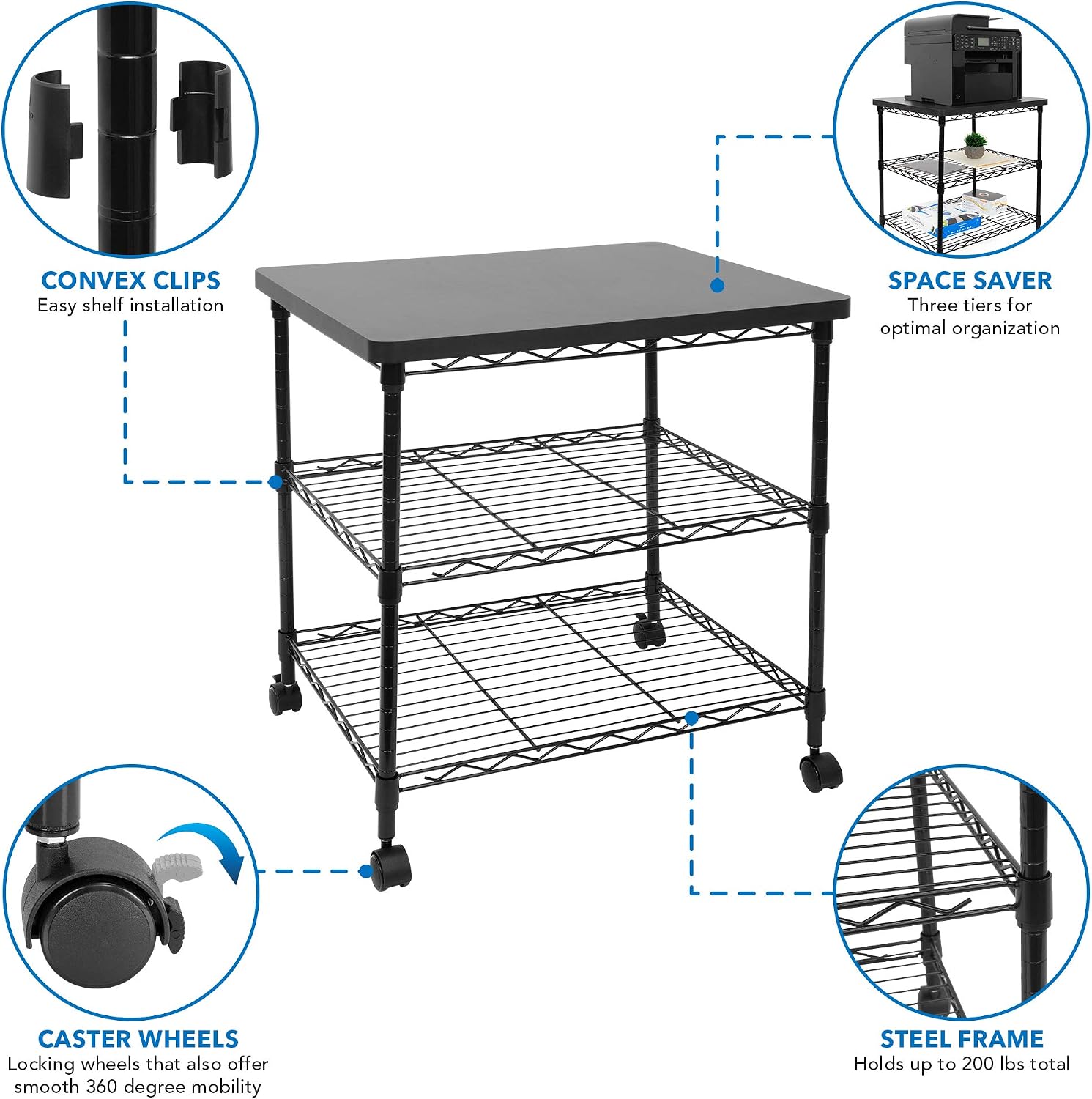 Mount-It! Printer Stand With Wheels | 3-Tier Large Printer Cart With Storage Shelves For 3D & Laser Printer, Scanner, Heat Press | Rolling Metal Utility Table For Home and Office Use, 200 Lbs Capacity