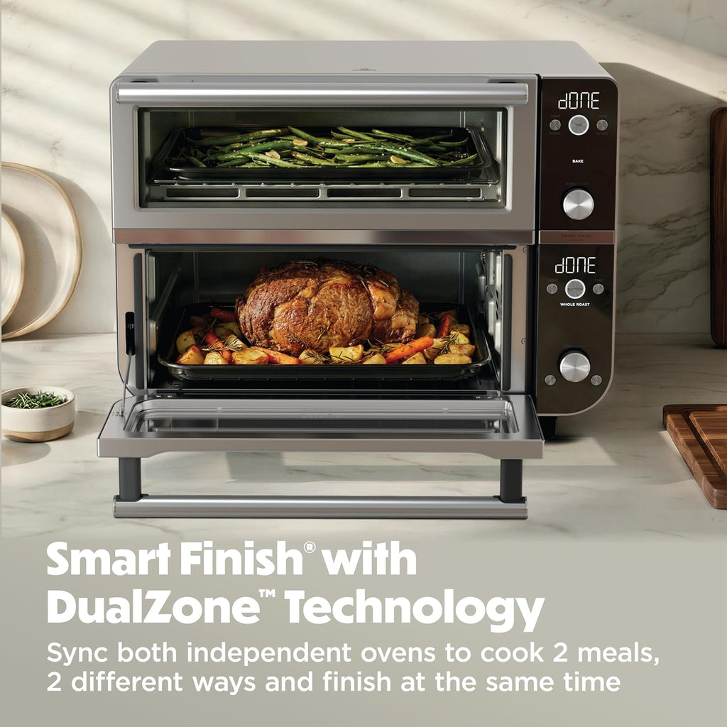 Ninja Double Oven Pro Smart XL Countertop Oven & Air Fryer | 30.2 Qt Capacity | 12-in-1 with Smart Finish & DualZone Tech to Cook 2 Meals at Once | Fits up to 4.5lb Chicken | Stainless Steel | DCT801