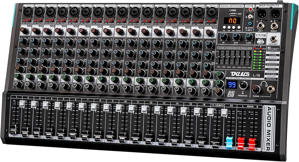 16 Channel Professional Audio Mixer, Mixing Console with USB Interface, 48V Phantom Power, 99 DSP Effects, XLR Inputs, DJ Mixer for Stage, Events