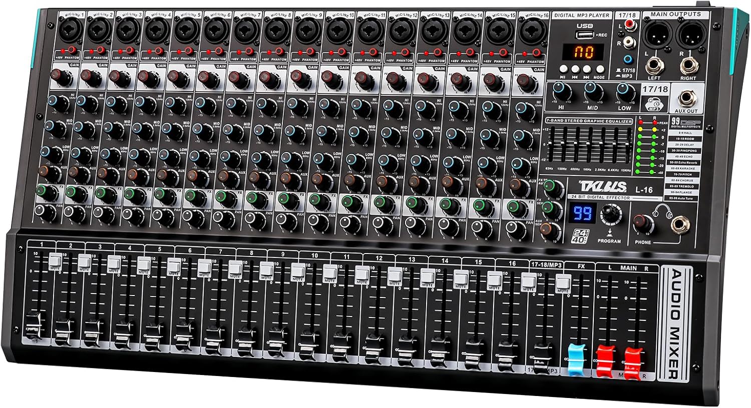 16 Channel Professional Audio Mixer, Mixing Console with USB Interface, 48V Phantom Power, 99 DSP Effects, XLR Inputs, DJ Mixer for Stage, Events