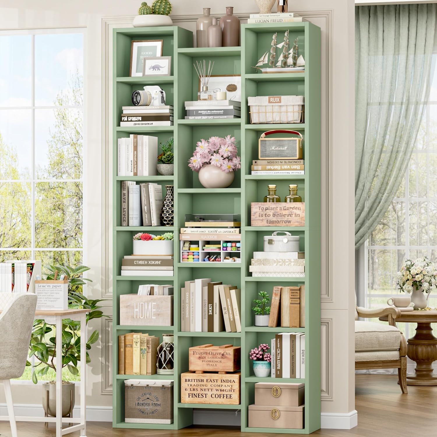 FOTOSOK 71'' Tall Bookshelf with 21 Cubes, 8 Tier Triple Wide Bookshelf with 8 Adjustable Shelves, 35' Large Bookcase DVD/CD Media Tower Storage, Freestanding Display Shelf Cabinet, Green