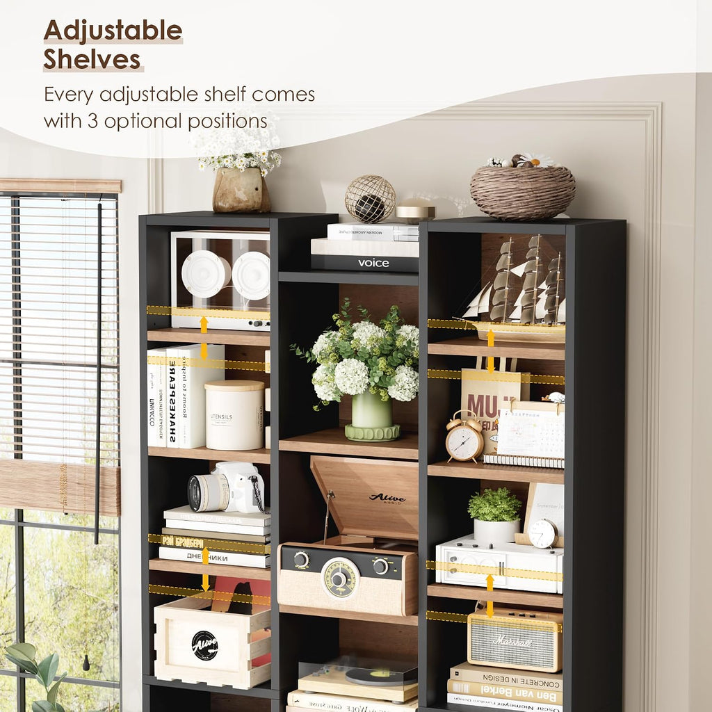 FOTOSOK 71'' Tall Bookshelf with 21 Cubes, 8 Tier Triple Wide Bookshelf with 8 Adjustable Shelves, 35' Large Bookcase DVD/CD Media Tower Storage, Freestanding Display Shelf Cabinet, Black/Brown