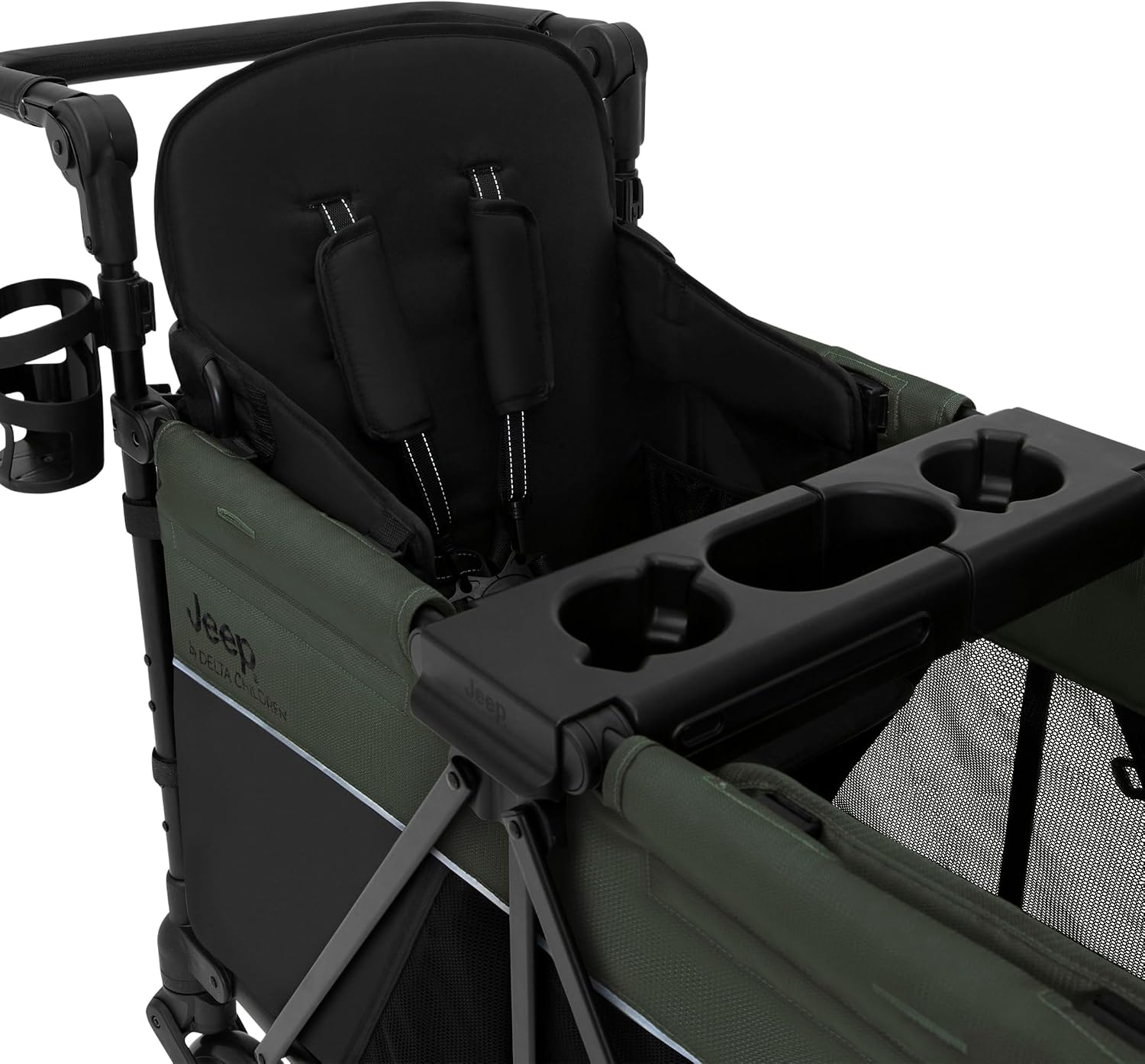 Jeep Aries Stroller Wagon by Delta Children Premium Wagon for 2 Kids with Convertible Seats, Adjustable Push/Pull Handles, Removable Canopy & Flat Fold - Greenguard Gold Certified, Black/Green