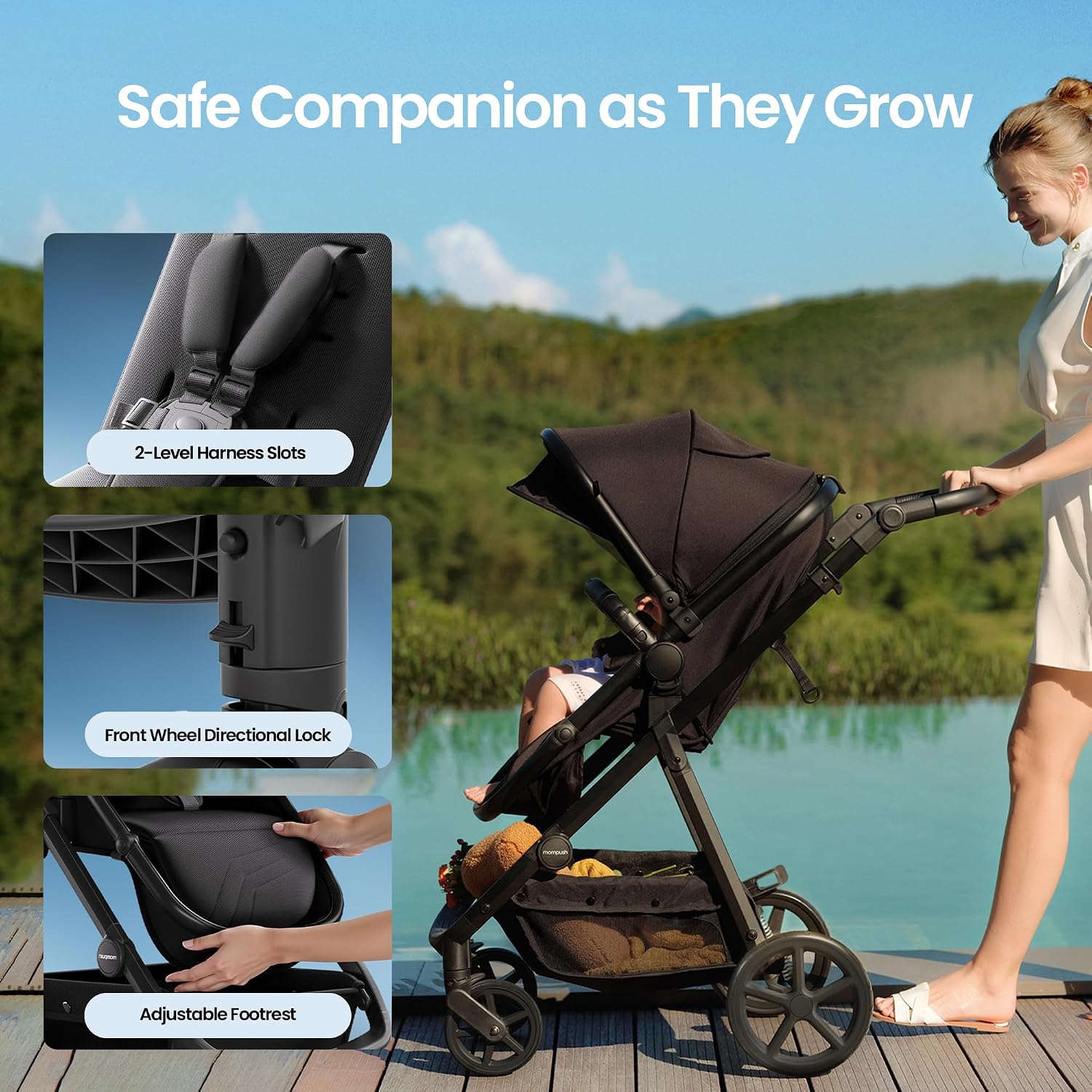 Mompush Meteor2 Baby Stroller 2-in-1 with Newborn Mode, Large Shock-Absorbing Wheels, Car Seat Adapter Included – Full-Size Infant & Toddler Stroller for All-Terrain Family Outings