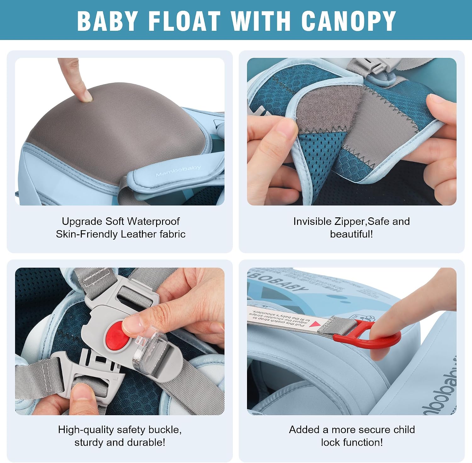 Mambobaby Baby Pool Float with Removable Sun Canopy - Non Inflatable Infant Swim Float with Anti-Flip Tail Design, Waterproof & Skin-Friendly Baby Float for Swimming (3-24 Months)