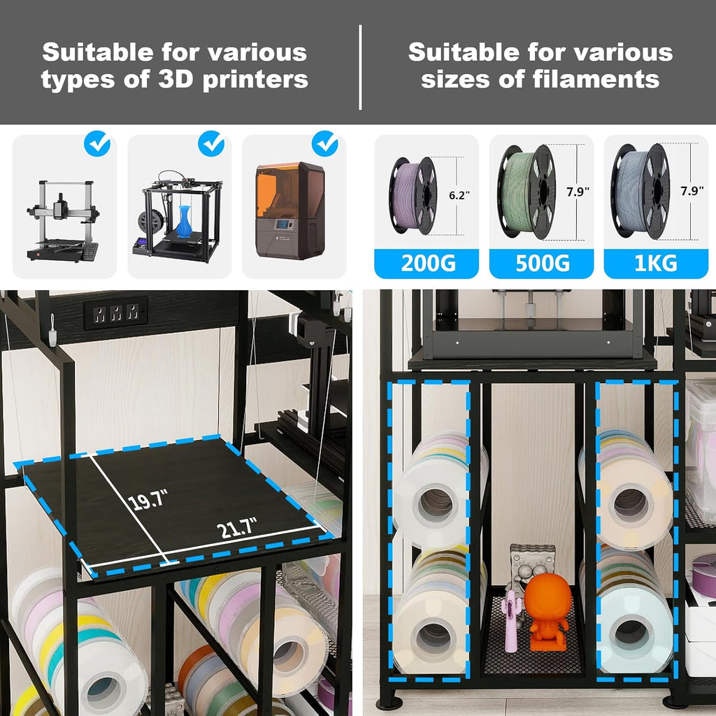 PUNCIA Dual-Row 3D Printer Stand with Filament Storage, Heavy-Duty Rack with Power Outlet - 3D Printer Table for FDM & SLA Printers, Space-Saving Desk and Cabinet with Shelves for Dual-Printer Setup