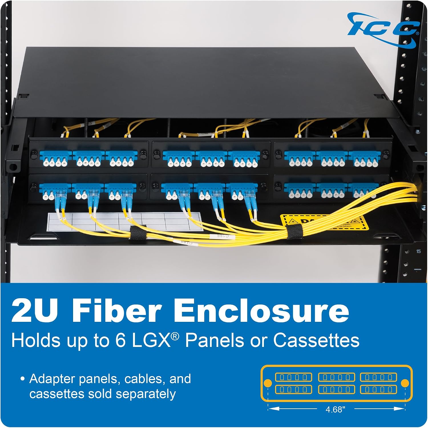 ICC 2U Fiber Optic Rack Mount Enclosure - 6 Slots for LGX Compatible Adapter Panels or Cassettes, Supports up to 144 Fibers, Fits 19-Inch Racks, Secure Fiber Management Solution, ICFORE62RM