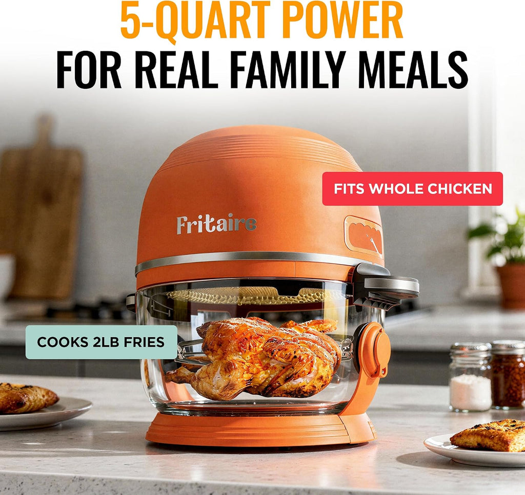 Non Toxic Air Fryer™ Pro | 9-in-1 Glass Air Fryer | Self-Cleaning | 5 Quart | Rotisserie and Tumbler | 400F Vortex For Even Cooking, BPA-Free Teflon Free, Recrisp, Roast, Bake, Orange
