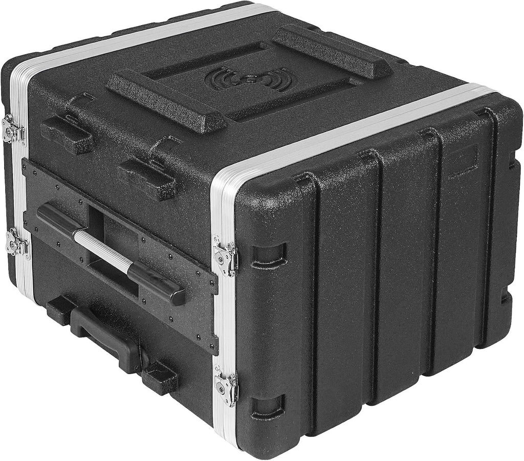 Sound Town Lightweight 8U PA DJ Rack/Road Case with 7U Rack Space, ABS Construction, 19' Depth, Retractable Handle, Wheels and Heavy-Duty Latches (STRC-A8UT)