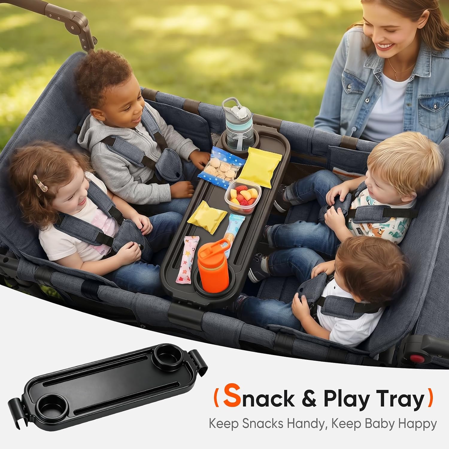 Sekey 4 Seater Stroller Wagon for Kids - Premium Quality with Convertible Seats, Adjustable Push Handles, Removable Canopy, Snack Tray & Cooler, US Certified.