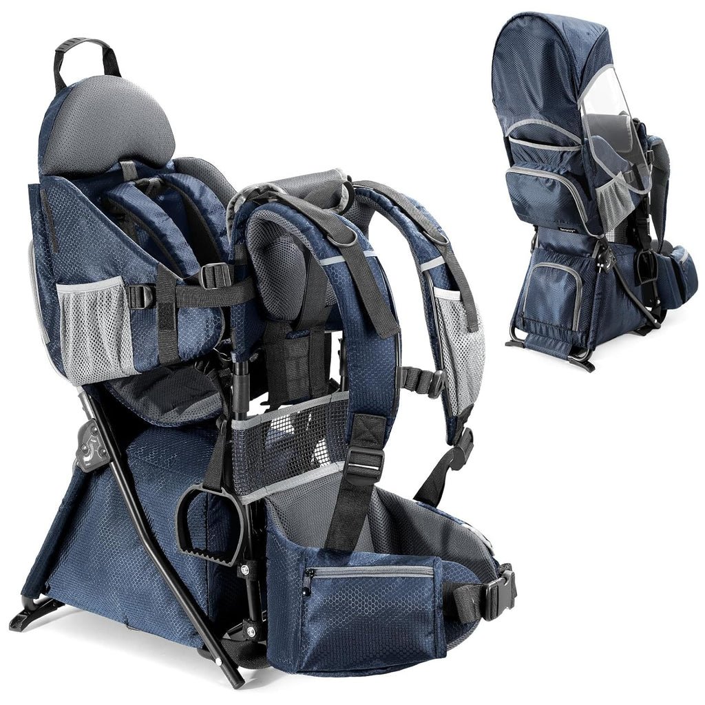 besrey Baby Backpack Carrier, Toddler Hiking Backpack with Safety 3-Height Seat, Adjustable Straps&Waist Belt, Foldable Frame Lightweight Large Capacity Child Carrier for Hiking (Blue)