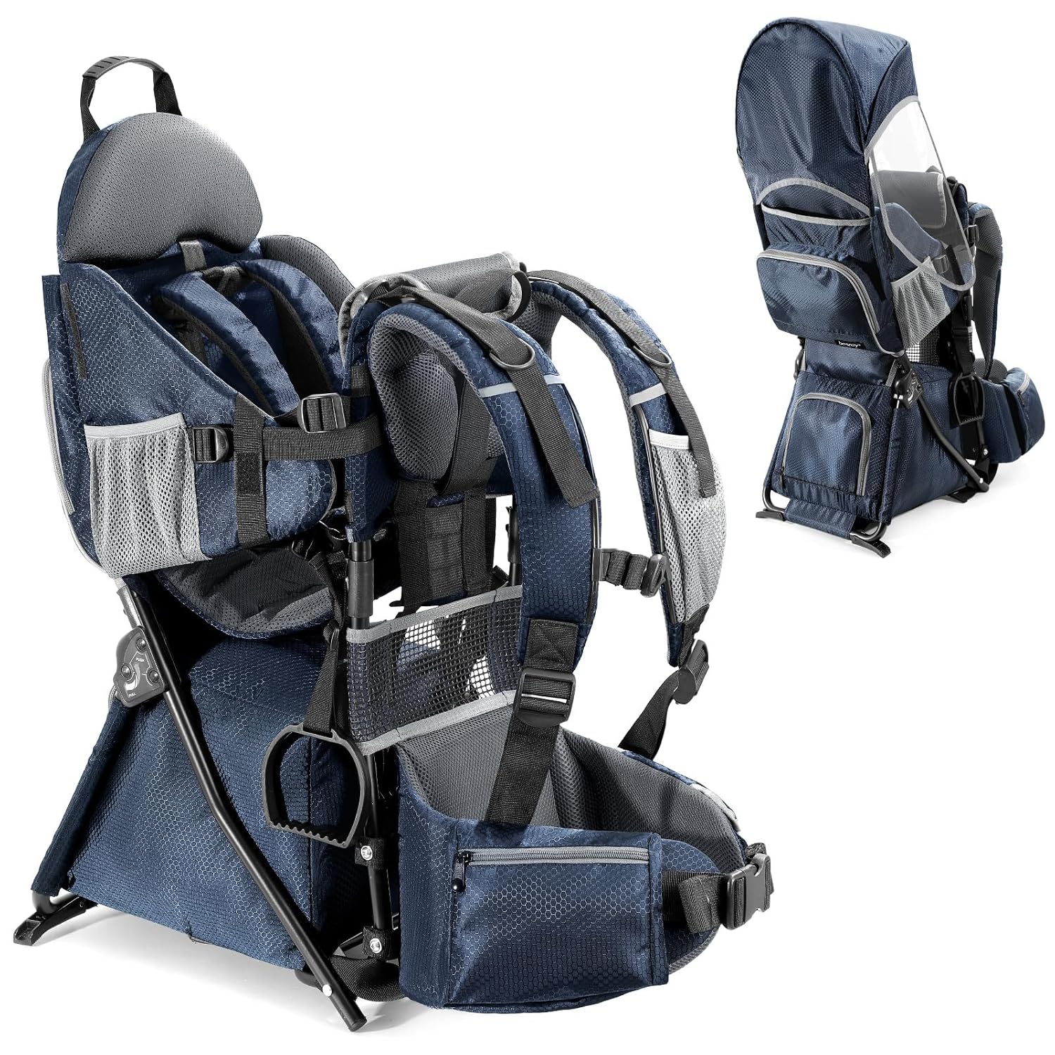 besrey Baby Backpack Carrier, Toddler Hiking Backpack with Safety 3-Height Seat, Adjustable Straps&Waist Belt, Foldable Frame Lightweight Large Capacity Child Carrier for Hiking (Blue)