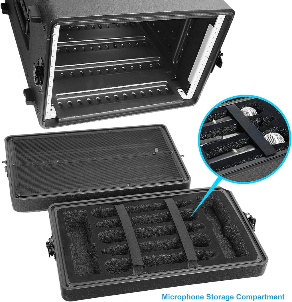 Diandian 6U Rack Case Shallow 11' Depth, 19' Rackmount Flight Case, Watertight Dust-Proof, Shock Mount for Amplifier, Pro Audio, DJ Mixer, Effects with Microphone Compartments
