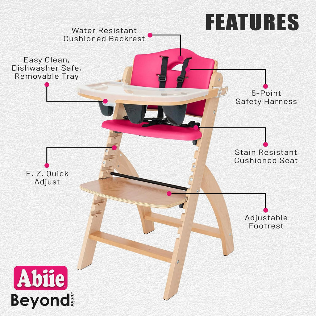 Abiie Beyond Junior Wooden High Chair for Babies and Toddlers - Convertible 3-in-1 Baby Highchair with Removable Tray - 6 Months to 250 Lb - Water Resistant - Natural Wood/Raspberry Cushion