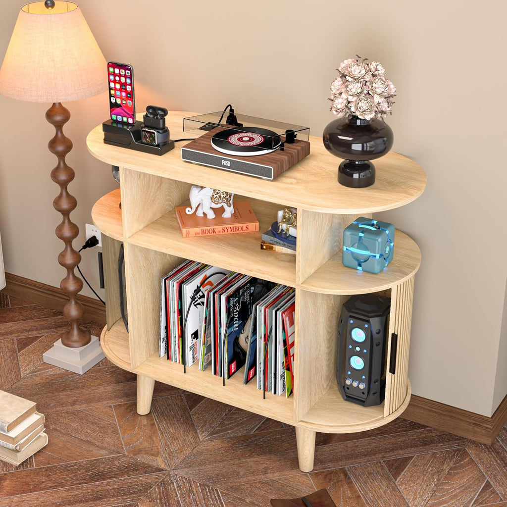 LUVIOHOME Large Round Record Player Stand with Charging Station & USB Ports，Record Storage Cabinet, Mid Century Modern Turntable Stand for Bedroom Living Room (Small Oak)