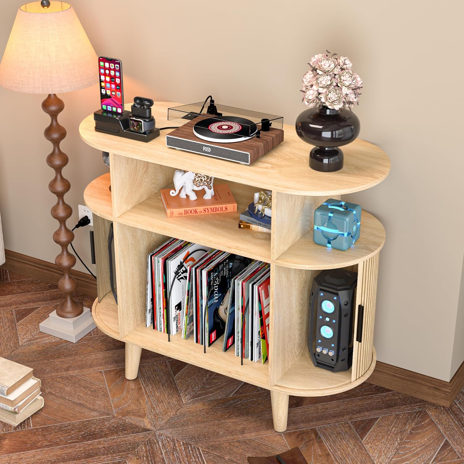 LUVIOHOME Large Round Record Player Stand with Charging Station & USB Ports，Record Storage Cabinet, Mid Century Modern Turntable Stand for Bedroom Living Room (Small Oak)