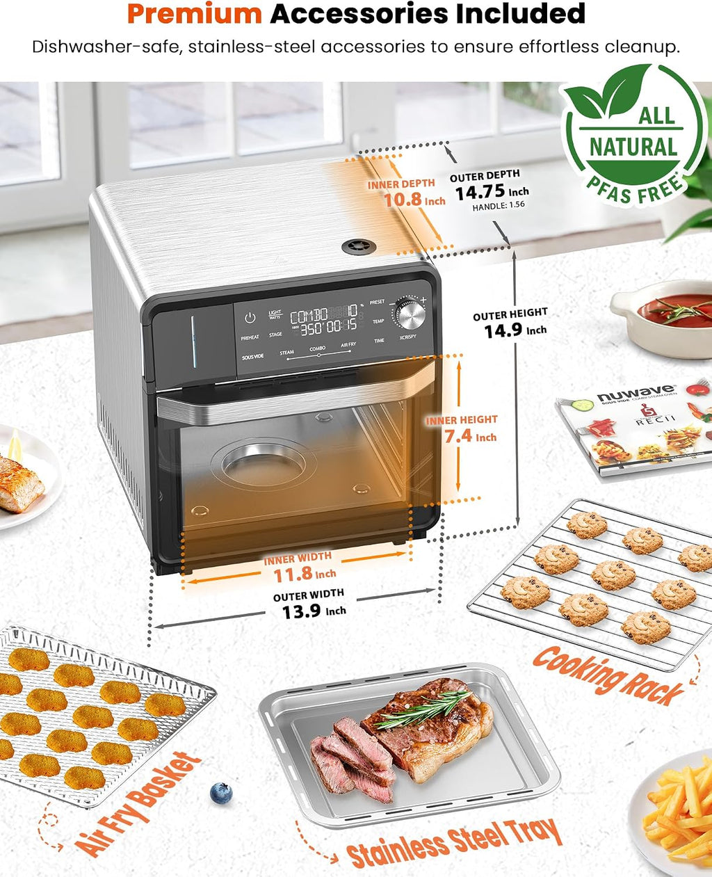 Nuwave Combi Steam Oven, Non-Toxic Stainless Steel Multi-Cooker with Air Fry, Sous Vide, Toast & More, 50-450°F Precision, 120 Presets, Moisture Control, Programmable, Easy to Clean, 16 quarts
