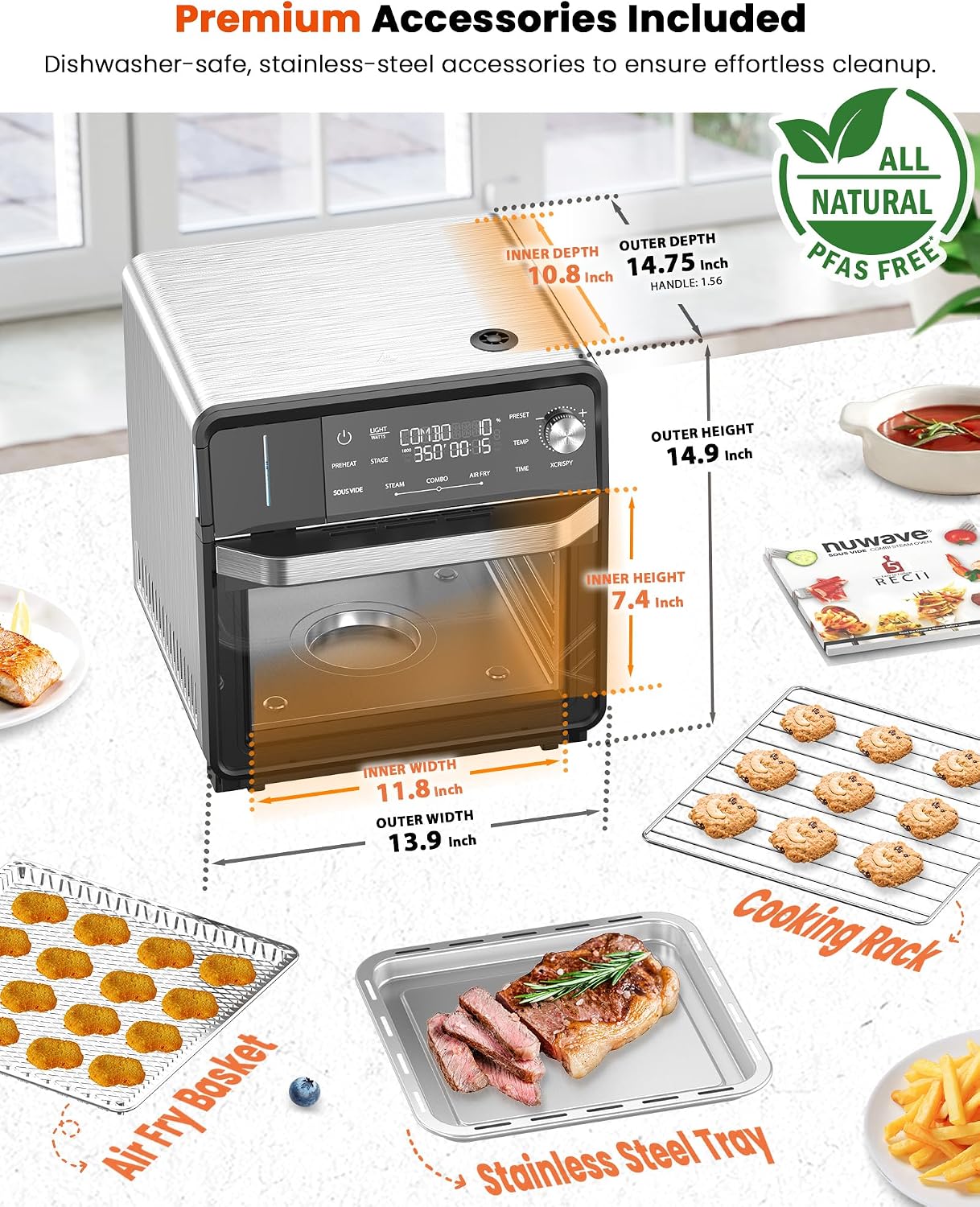 Nuwave Combi Steam Oven, Non-Toxic Stainless Steel Multi-Cooker with Air Fry, Sous Vide, Toast & More, 50-450°F Precision, 120 Presets, Moisture Control, Programmable, Easy to Clean, 16 quarts
