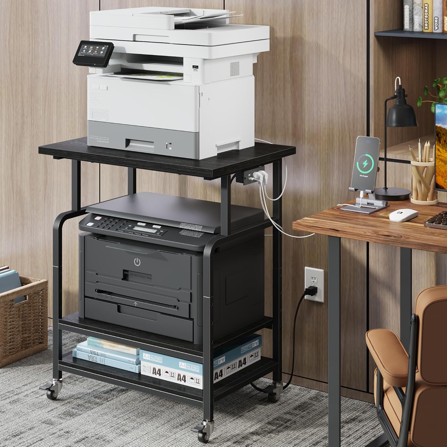 YAOHUOO 3 Tier Large Printer Stand with Power Outlet/Adjustable Storage Shelf, Rolling Cart with Wheels, Printer Table for Home Office 3D Printer/Heat Press/Laster, 23.6'×19.6' Black