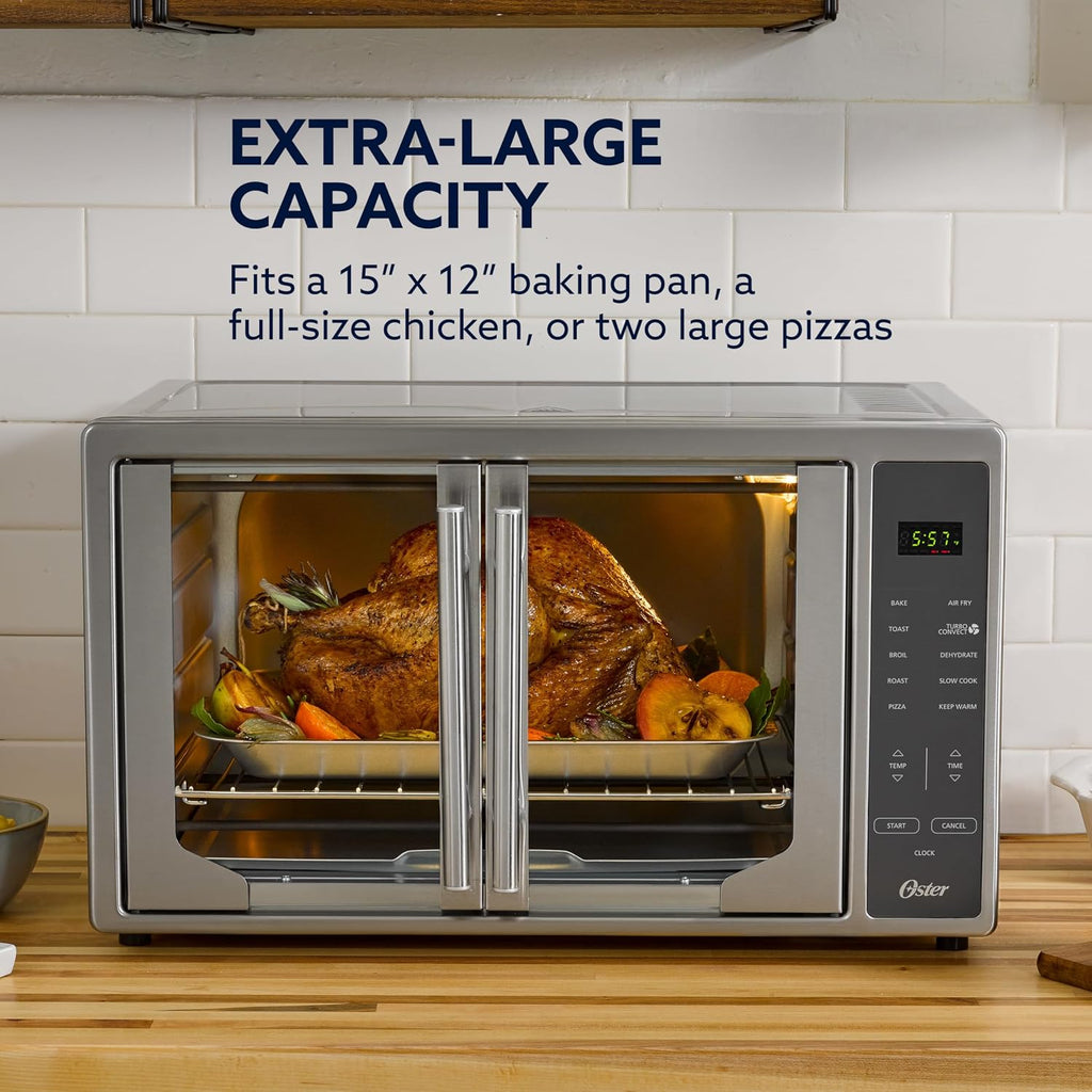 Oster Extra Large 42L French Door Countertop Toaster Oven, 10-in-1 Air Fryer Oven, with Air Fry Rack, Wire Rack, Baking Pan and Crumb Tray, Stainless Steel
