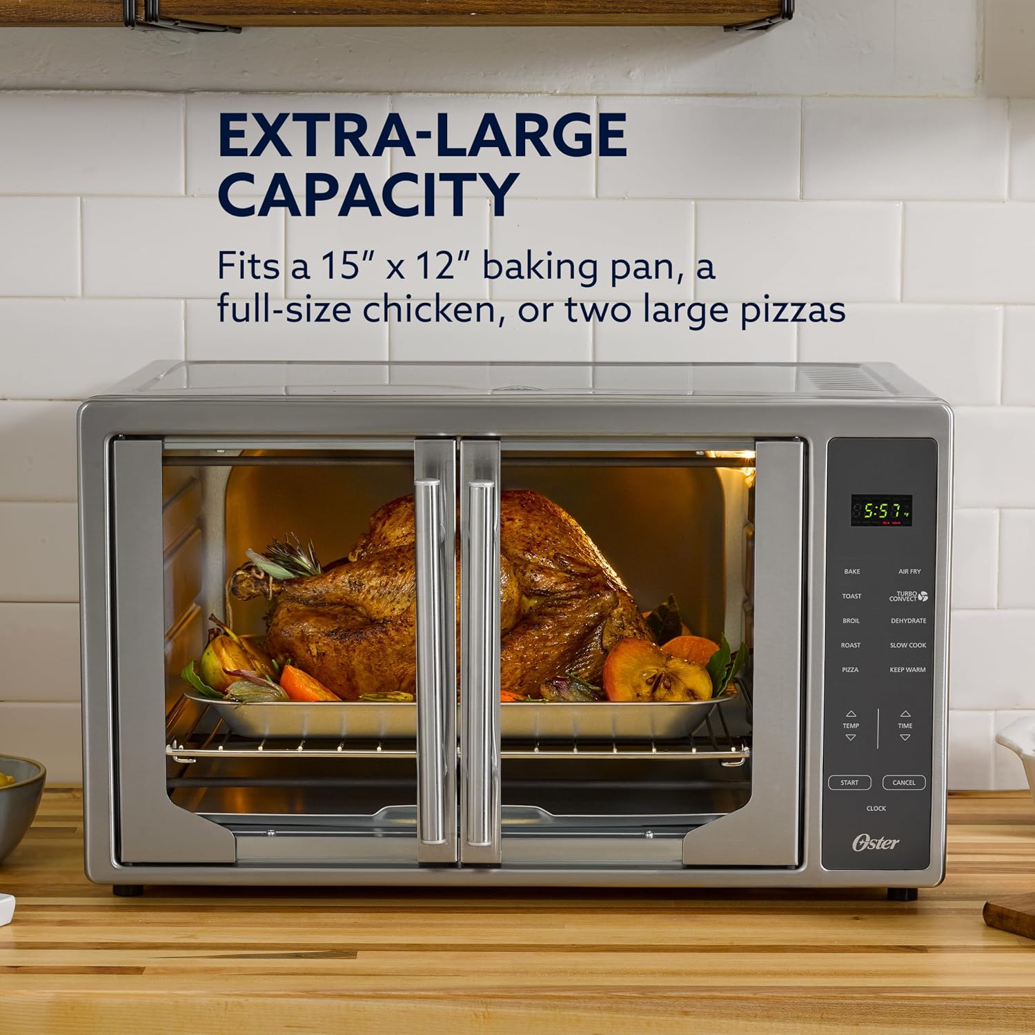 Oster Extra Large 42L French Door Countertop Toaster Oven, 10-in-1 Air Fryer Oven, with Air Fry Rack, Wire Rack, Baking Pan and Crumb Tray, Stainless Steel