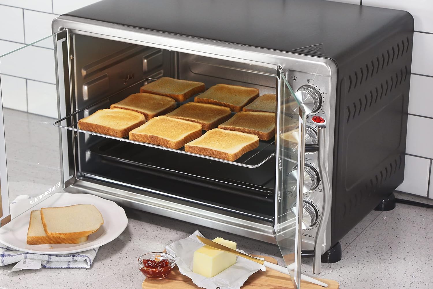 Elite Gourmet ETO4510MX French Door 47.5Qt, 18-Slice Convection Oven 4-Control Knobs, Bake Broil Toast Rotisserie Keep Warm, Includes 2 x 14' Pizza Racks, Stainless Steel