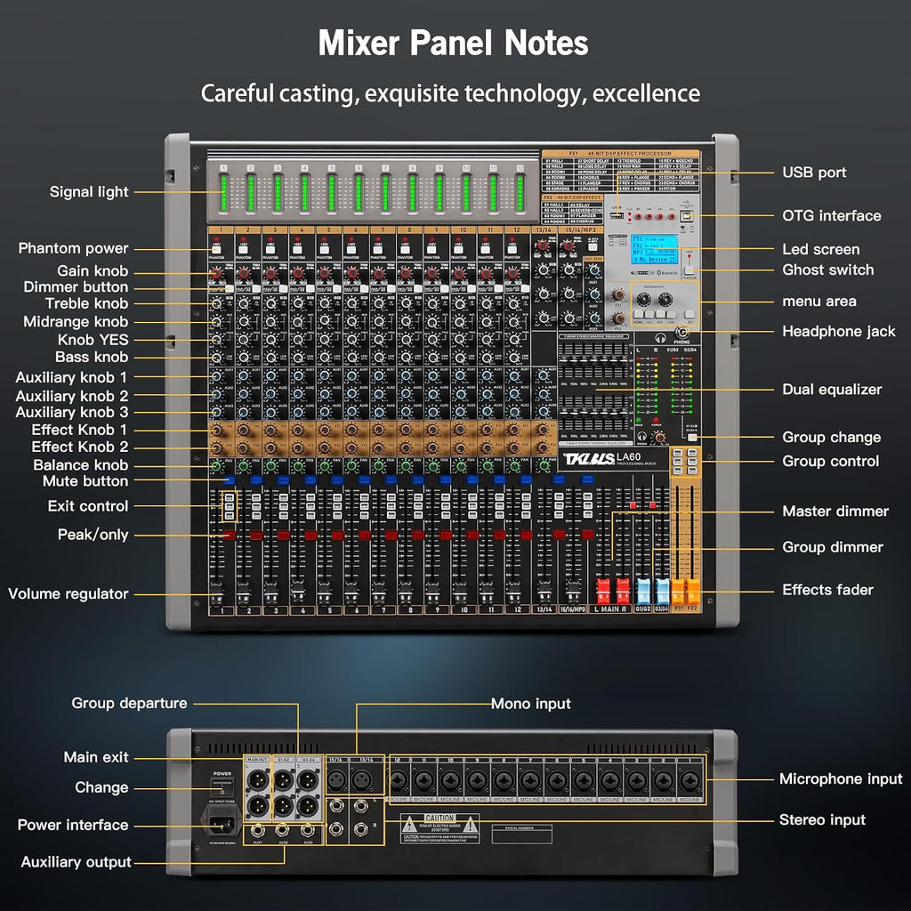 12 Channel Audio Mixer for Recording, USB Mixing Console with 99 DSP Effects, 48V Phantom Power, XLR Inputs for Studio, Streaming, Content Creation