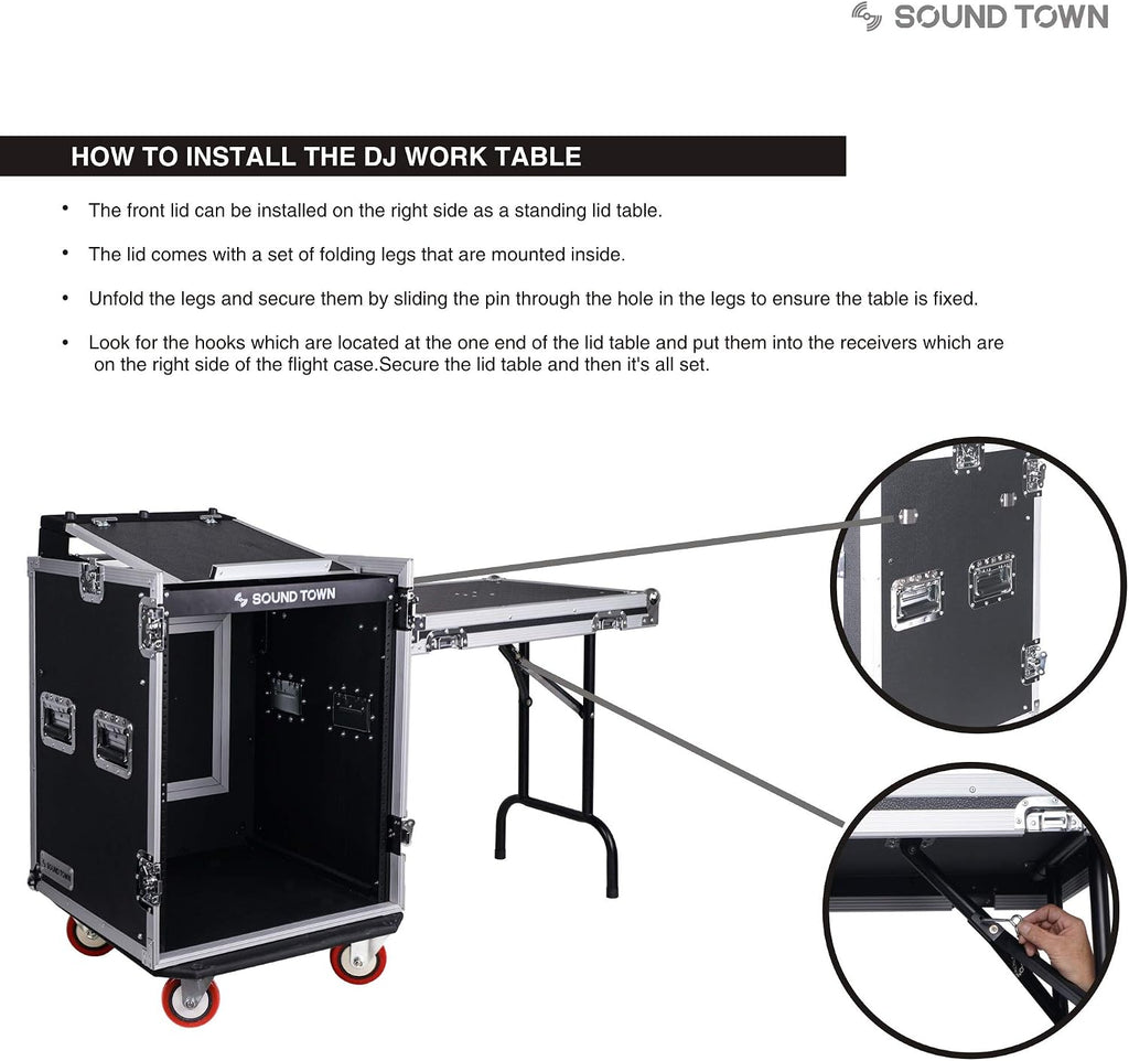 Sound Town Heavy-Duty 1/2' (12mm) Plywood 14U PA DJ Rack/Road ATA Case with 11U Slant Mixer Top, 20'' Rackable Depth, DJ Work Table and Casters, 14 Space Size, Pro Tour Grade (STMR-14UWT)