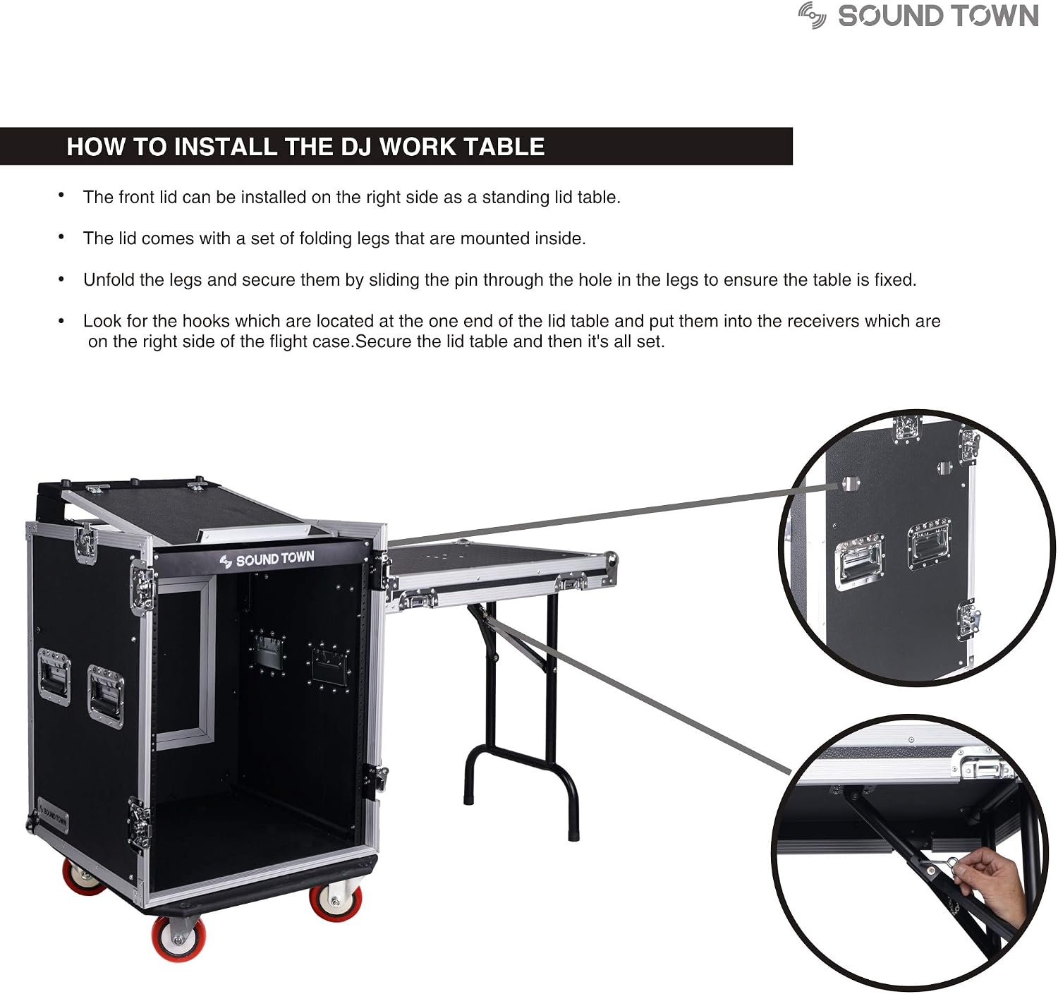 Sound Town Heavy-Duty 1/2' (12mm) Plywood 14U PA DJ Rack/Road ATA Case with 11U Slant Mixer Top, 20'' Rackable Depth, DJ Work Table and Casters, 14 Space Size, Pro Tour Grade (STMR-14UWT)