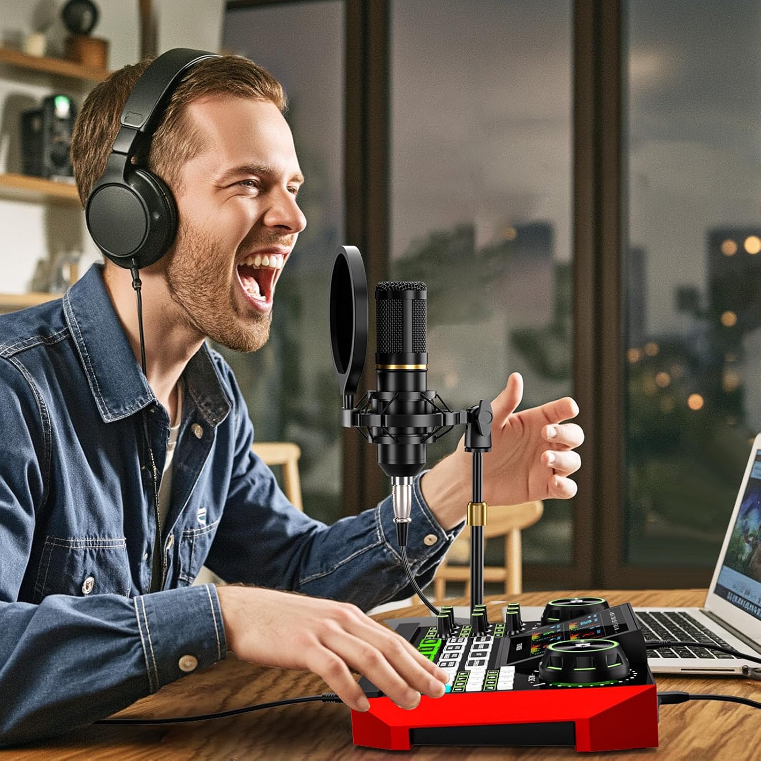 G9 Podcast Microphone Bundle with Live Sound Card Audio Mixer, Podcast Equipment Bundle Sound Board with 3.5mm Condenser Microphone for Pc/Phone Live Streaming Singing Gaming,Voice Changer, Denoise