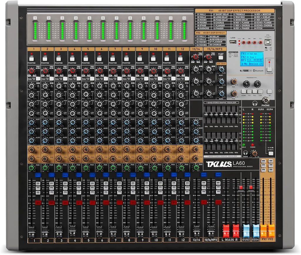 16 Channel Live Sound Audio Mixer with USB Interface, Mixing Console with 48V Phantom Power, 99 DSP Effects, XLR Inputs, DJ Mixer for Events, Stage, Band