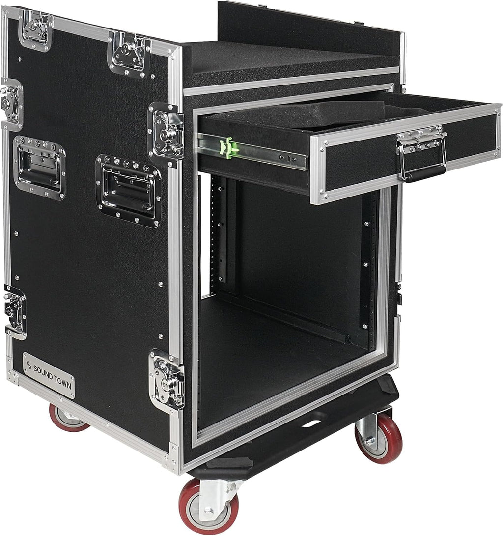 Sound Town Shock Mount 12U ATA Rack Case with 20' Rackable Depth, 11U Slant Mixer Top and Casters, 12-Space Size - Pro Tour Grade (STMR-SP12UW)