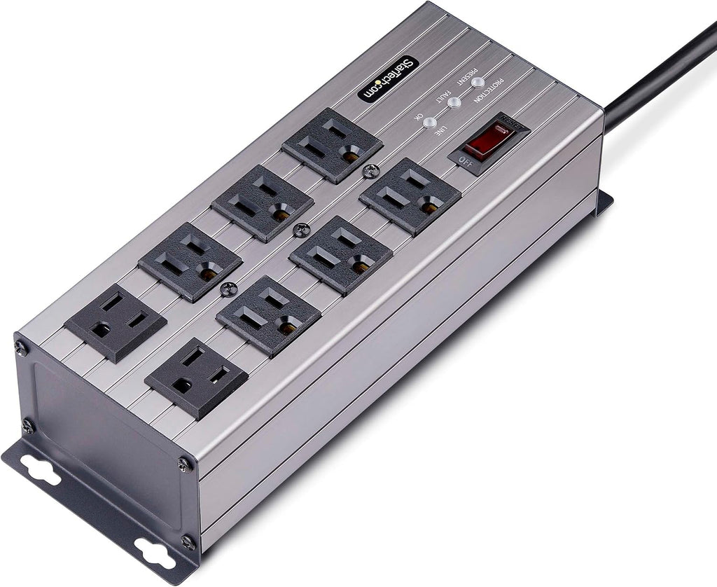 StarTech.com Flat Plug 8-Outlet Heavy Duty Industrial Power Strip 125V/15A with Surge Protector, EMI/RFI Isolation, Mountable PDU, 12ft/3.6m Extension Power Cord, NEMA 5-15P/R, TAA
