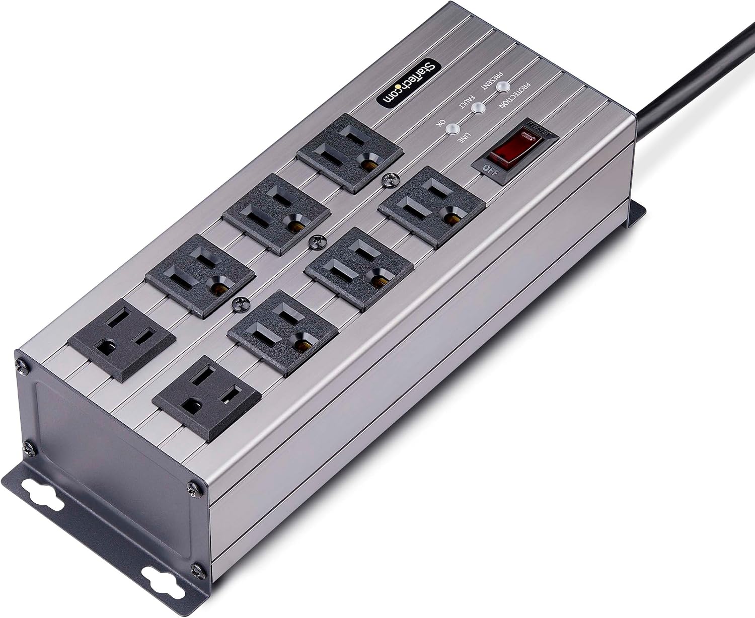 StarTech.com Flat Plug 8-Outlet Heavy Duty Industrial Power Strip 125V/15A with Surge Protector, EMI/RFI Isolation, Mountable PDU, 12ft/3.6m Extension Power Cord, NEMA 5-15P/R, TAA
