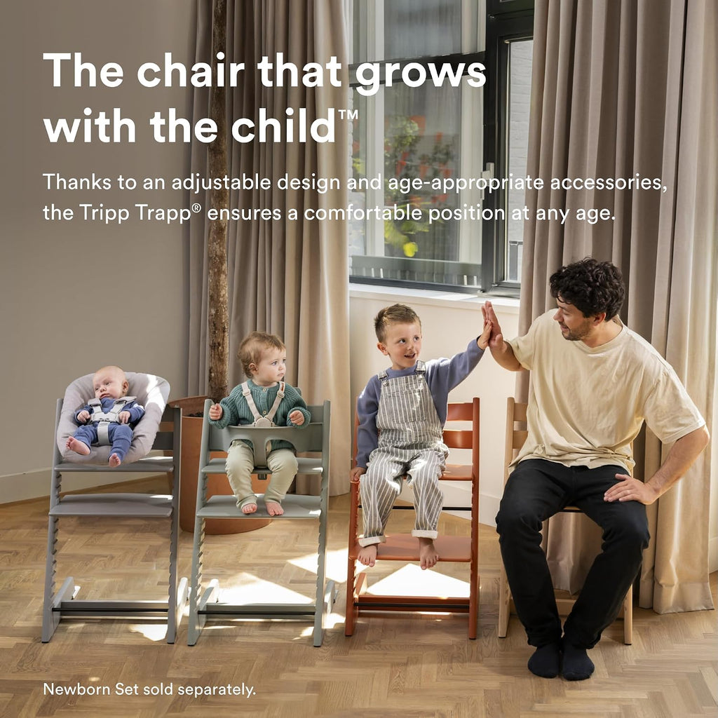 Stokke Tripp Trapp High Chair 2 (Warm Brown), Cushion 2 (Glacier Green) + Stokke Tray (White) - Includes Chair + Baby Set with Removable Harness for Children 6-36 Months