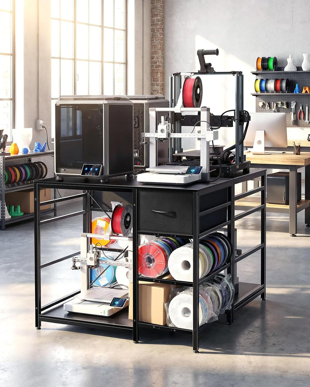 3D Printer Stand with Filaments Storage - 3D Printer Table Filament Storage Rack Heavy Duty 3D Print Desk with Drawer for Workshop Studio Office