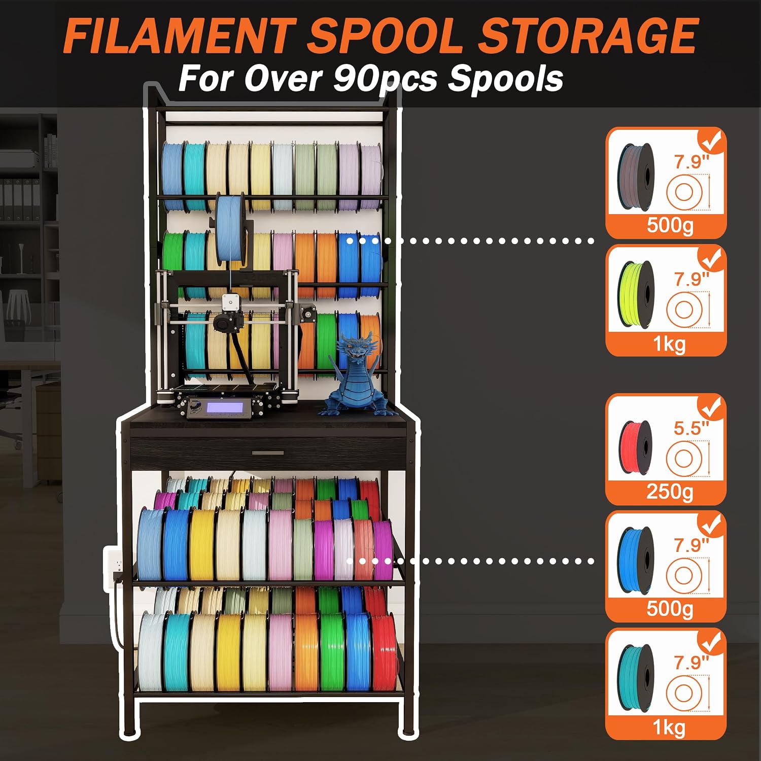KirKical 3D Printer Stand with Filaments Storage, Large Capacity Heavy Duty Filament Storage Rack with Drawer for PLA/ABS/TPU, 3D Printer Filament Table with Power Outlet for Home Studio Office, Black