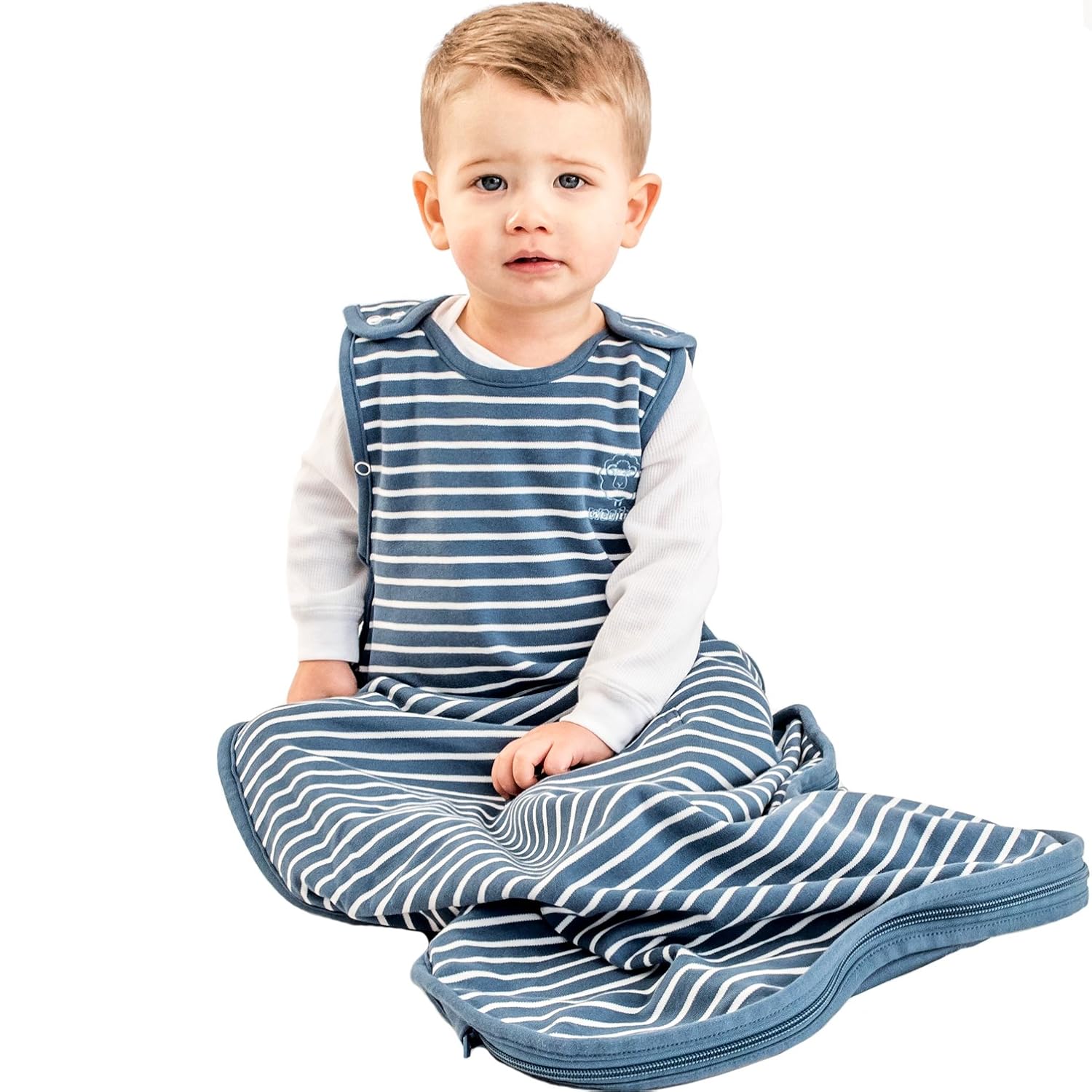 Woolino 4 Season Ultimate Baby Sleeping Bag - Merino Wool and Organic Cotton - Universal Size Adjustable Sleep Sack for Baby - Two-Way Zipper Sleeping Bag (2-24 Months) - Navy Blue