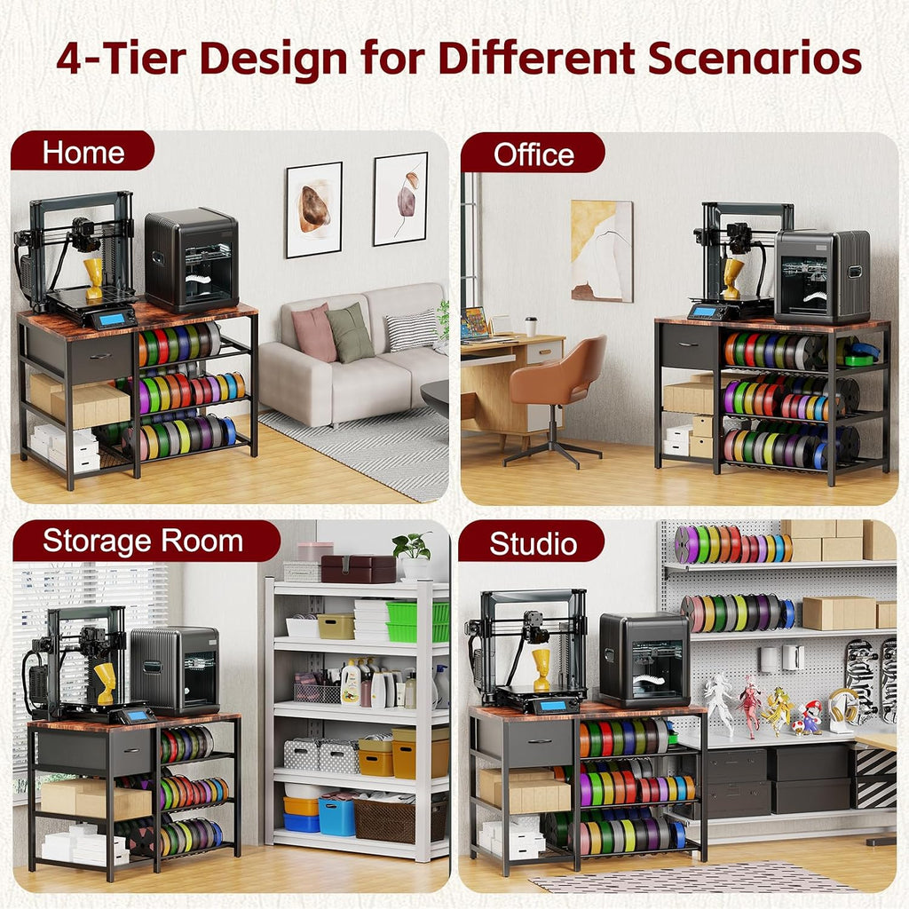 Frebomboo 3D Printer Filament Storage Rack, Versatile 3D Printer Stand Shelf with Drawer, Mobile 3-Tier Metal Filament Spool Holder, Perfect 3D Printer Cart Desk for Office Workshop Studio