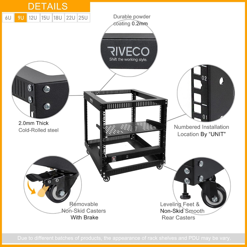 RIVECO 9U Open Frame Server Rack with Wheels + PDU (8 Outlets) Power Strip Surge Protector (1u Rack Shelf 1pcs +PDU)