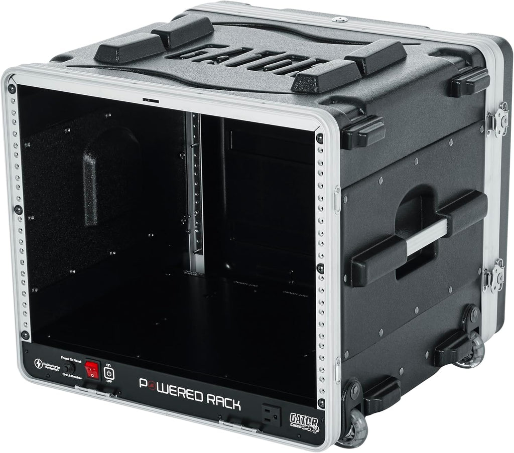 Gator Cases Lightweight Rolling 8U Rack Case with Built-in Power Supply, Heavy Duty Latches, Retractable Tow Handle, and Recessed Wheels, 19.25' depth, (GRR-8PL-US)