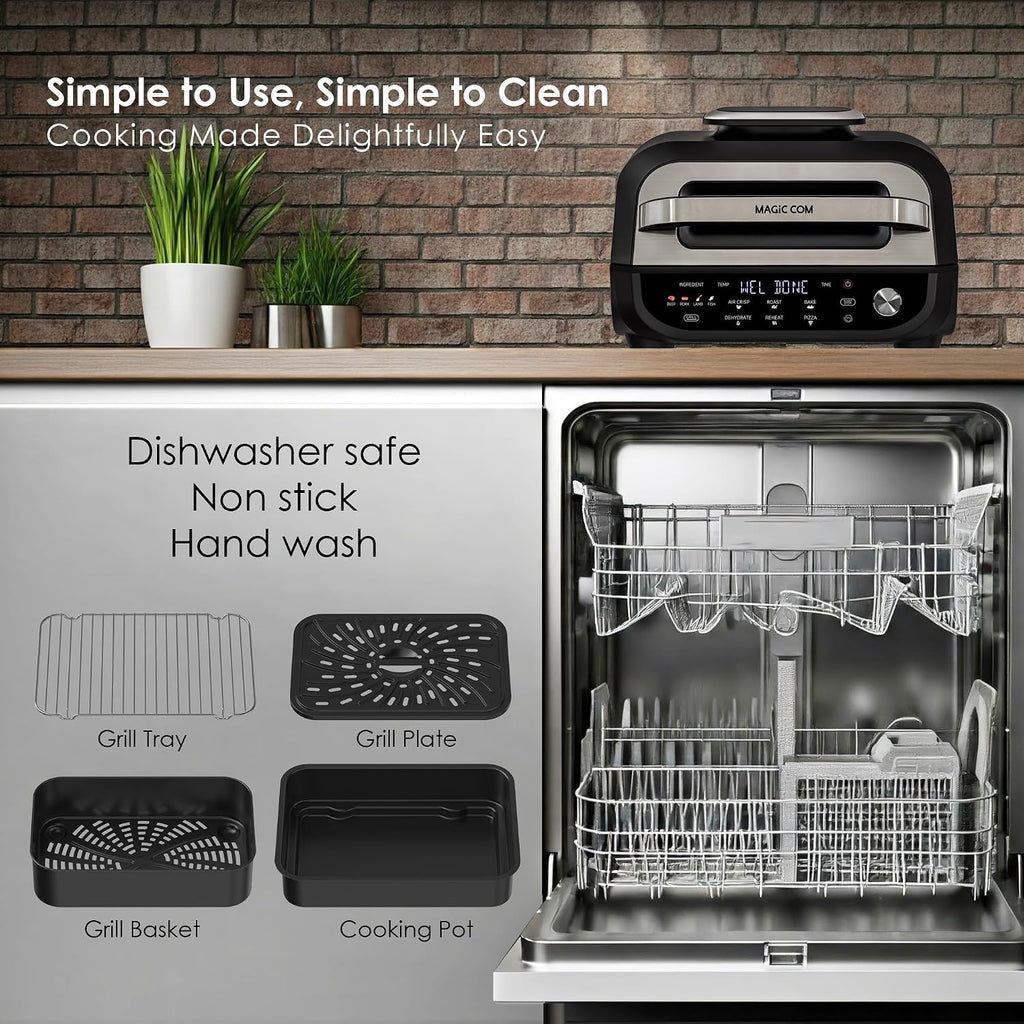 MAGiC COM Indoor Grill Air Fryer Combo, 7-in-1 Electric Grill with Steak, Roast, Air Crisp, Bake, Dehydrate, Pizza and Reheat. Smart Thermometer, Non-Stick, Dishwasher Safe/Black