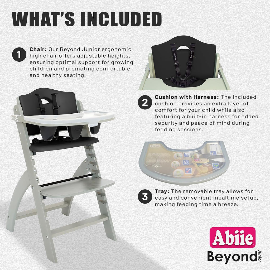 Abiie Beyond Junior Wooden High Chair for Babies and Toddlers - Convertible 3-in-1 Baby Highchair with Removable Tray - 6 Months to 250 Lb - Water Resistant - Misty Grey Wood with Black Pearl Cushion