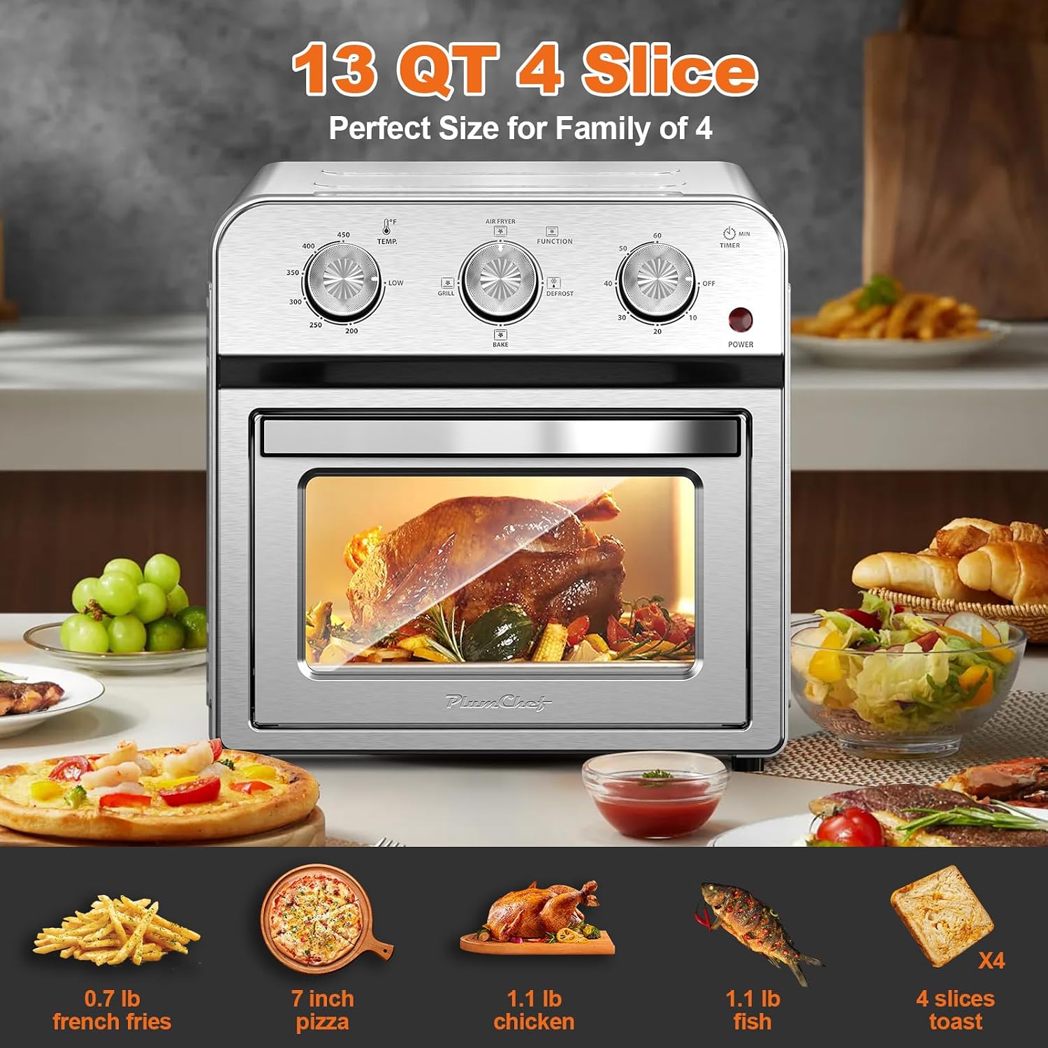 Majnesvon 4-Slice Air Fryer Toaster Oven Combo - 360° Hot Air Circulation & Larger capacity, Timer & Temp Control, Stainless Steel 7-in-1 Convection Oven Countertop, Low Oil for Family Cooking (White)