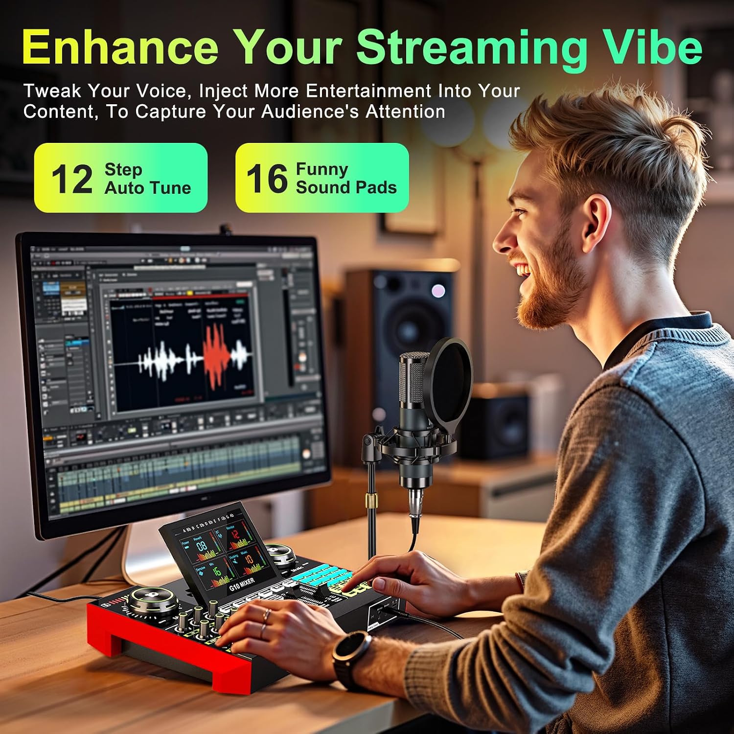 Podcast Equipment Bundle with Live Sound Card Audio Mixer, 3.5mm Condenser Microphone for PC/Phone Streaming and Singing, Podcast Microphone Bundle with Voice Changer sound board