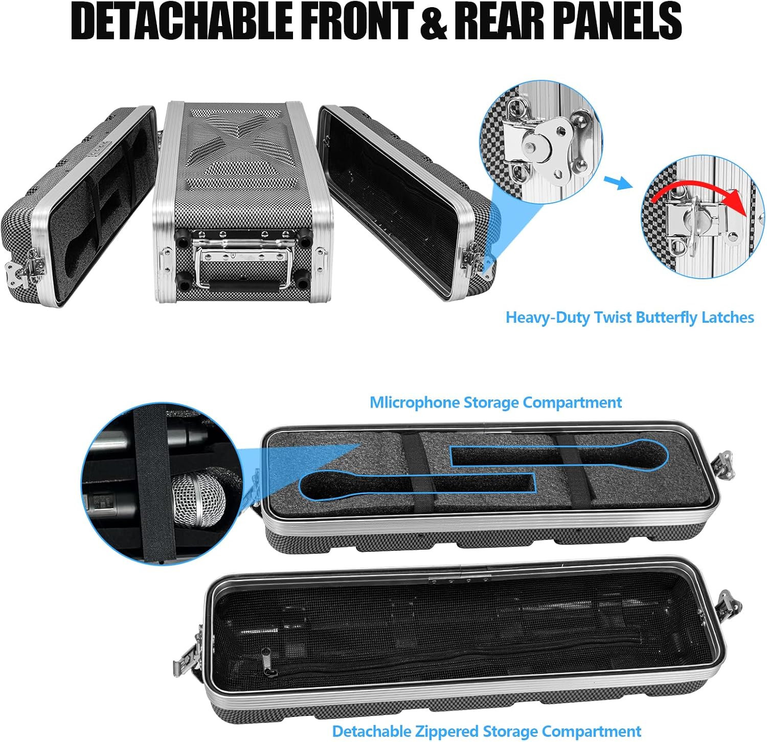 2U ABS Rack Case Shallow 8' Depth, 19' Rackmount Flight Road Travel Case, Waterproof Protective Hard Case with Customized Foam, Wireless Mic System Storage/Amp/Effect/DJ Mixer